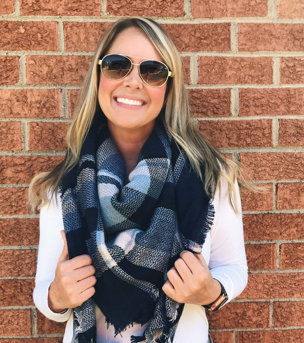 Navy Chunky Plaid Blanket Scarf