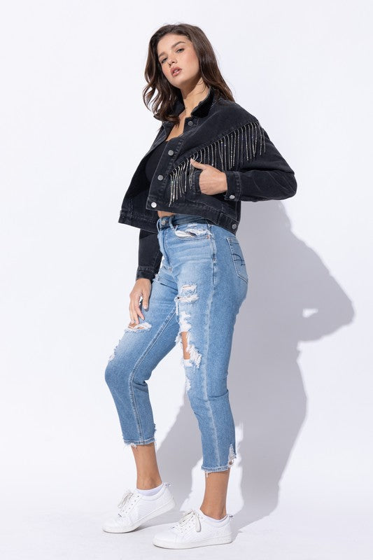 CROP DENIM JACKET WITH RHINESTONE FRINGE (more colors)