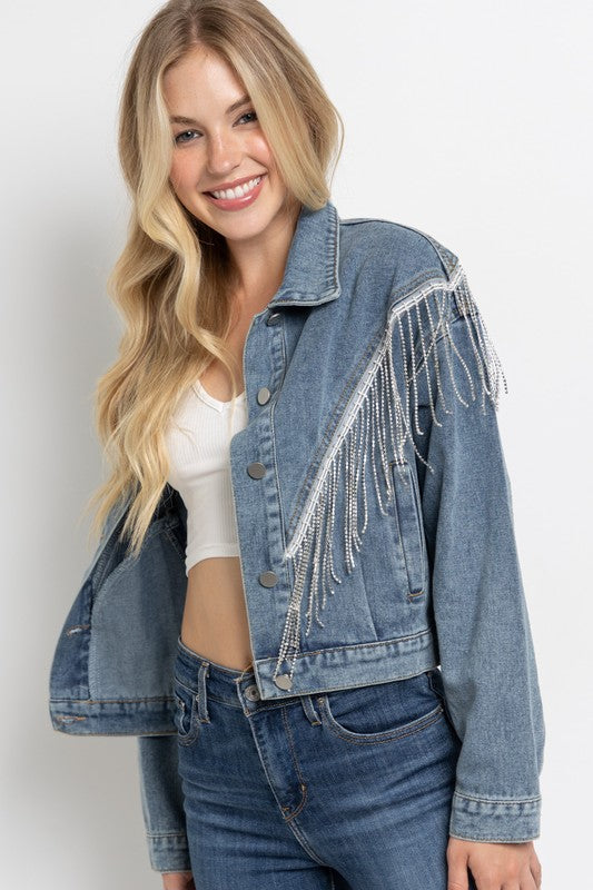 CROP DENIM JACKET WITH RHINESTONE FRINGE (more colors)