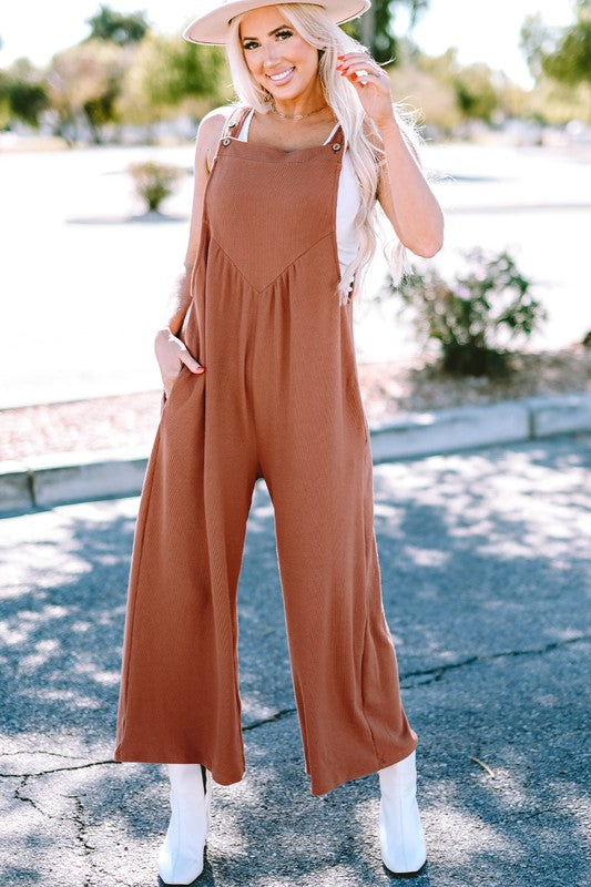 Flame Textured Buttoned Ruched Wide Leg Jumpsuit
