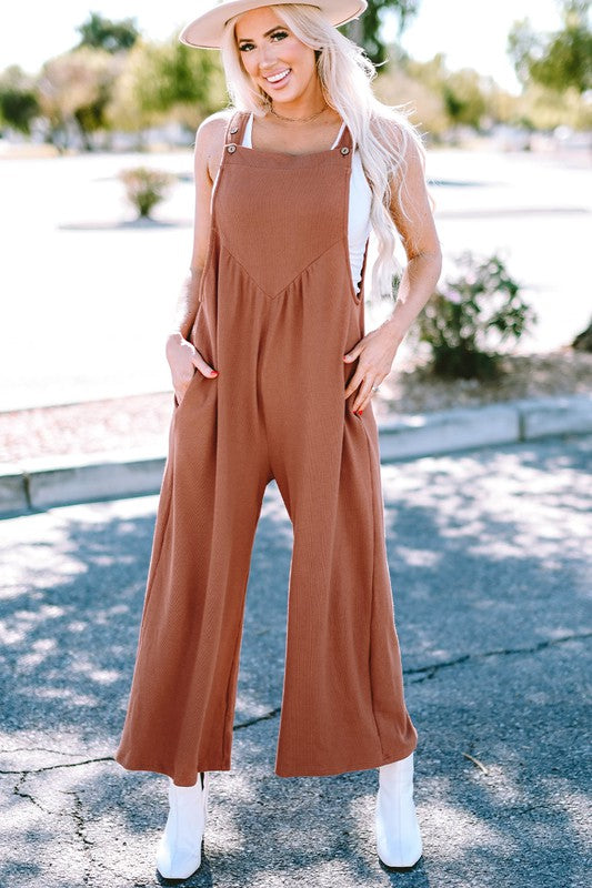 Flame Textured Buttoned Ruched Wide Leg Jumpsuit