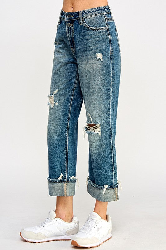 HIGH RISE DISTRESSED CUFFED STRAIGHT JEANS