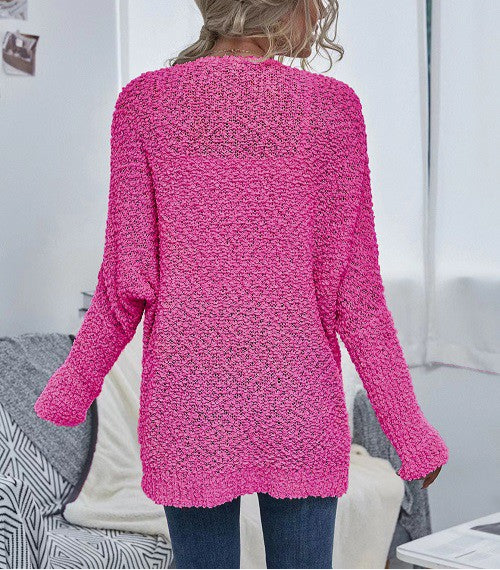 HotPink Knit Open Cardigan With Pockets