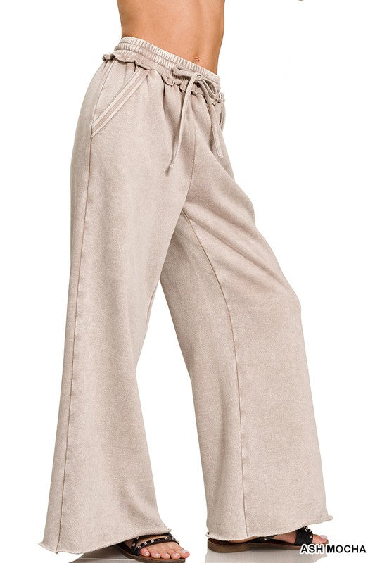 Acid Wash Fleece Palazzo Sweatpants with Pockets (3 colors)