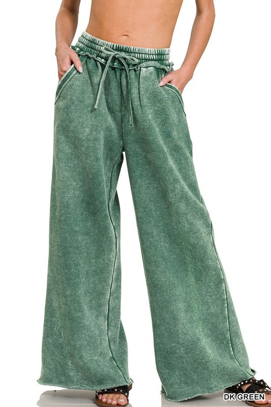 Acid Wash Fleece Palazzo Sweatpants with Pockets (3 colors)