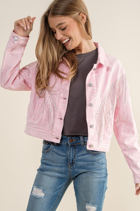 CROP DENIM JACKET WITH RHINESTONE FRINGE (more colors)