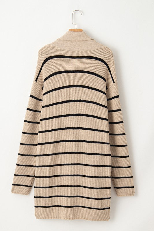 Striped Open Front Cardigan With Pockets