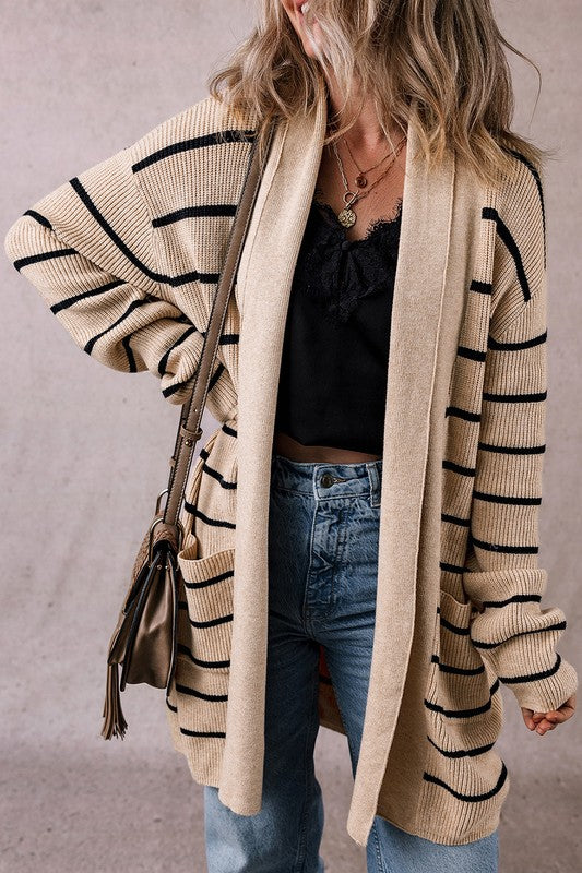 Striped Open Front Cardigan With Pockets