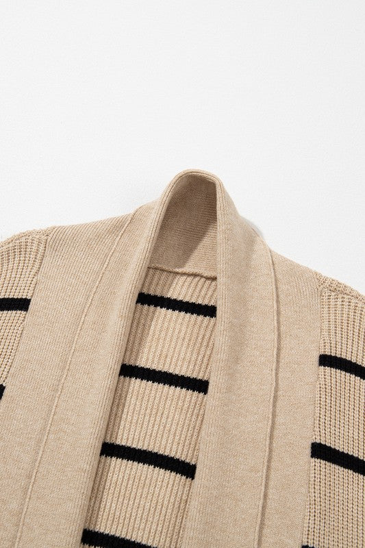 Striped Open Front Cardigan With Pockets