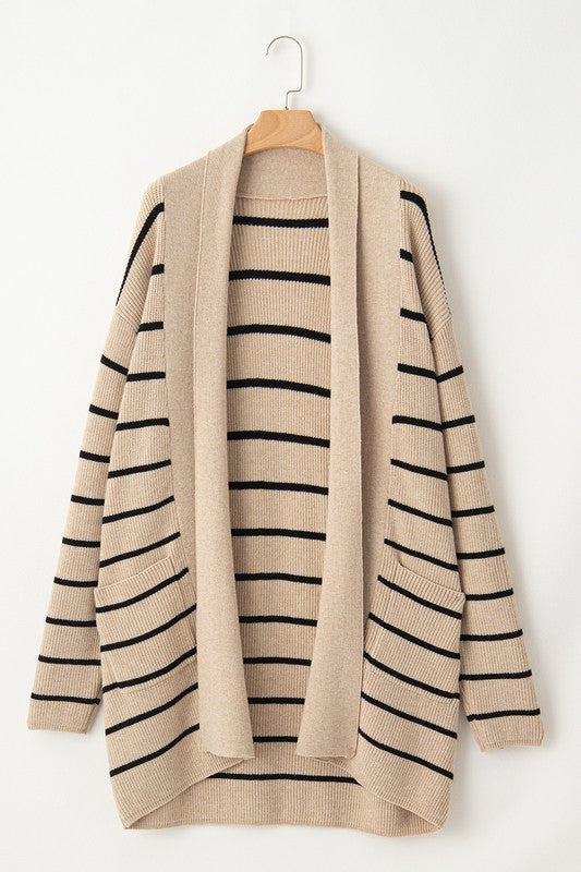 Striped Open Front Cardigan With Pockets