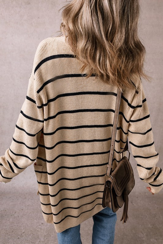 Striped Open Front Cardigan With Pockets