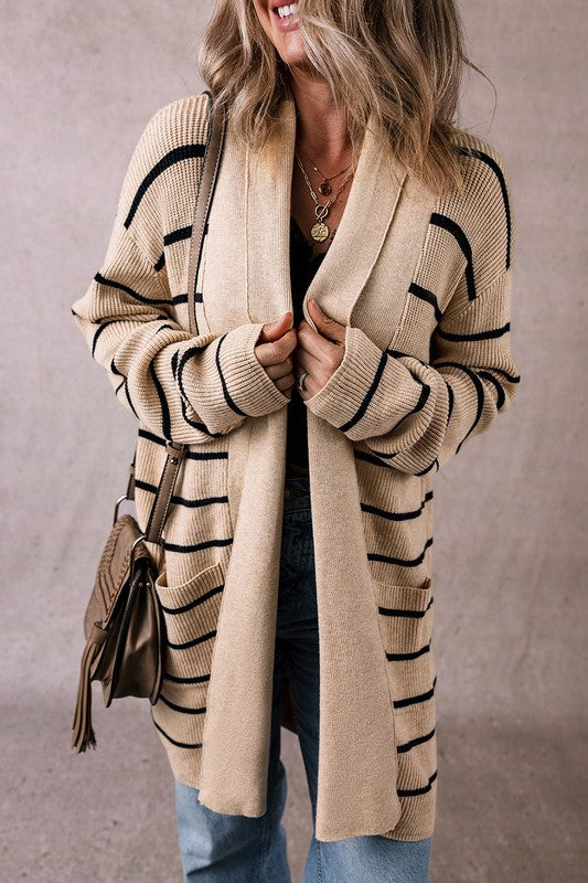 Striped Open Front Cardigan With Pockets