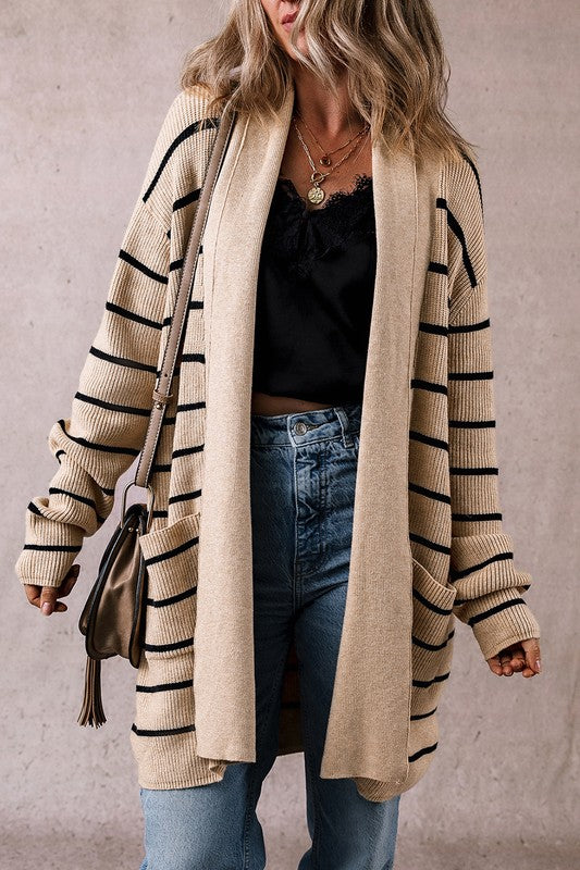 Striped Open Front Cardigan With Pockets