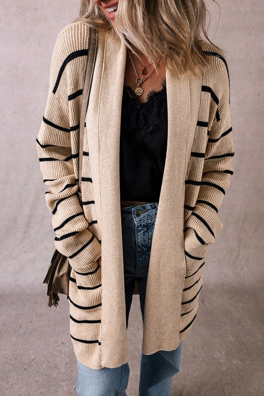 Striped Open Front Cardigan With Pockets