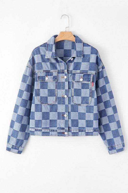 Checkered Patchwork Button Up Denim Jacket (more colors)