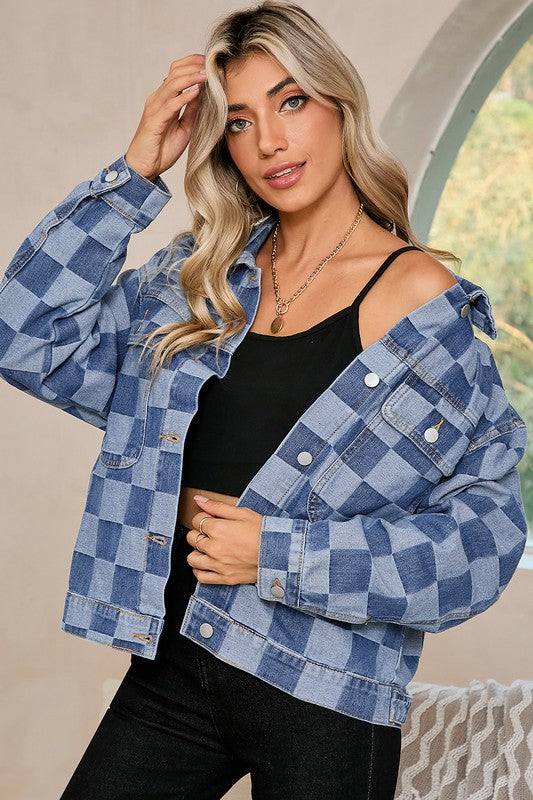 Checkered Patchwork Button Up Denim Jacket (more colors)