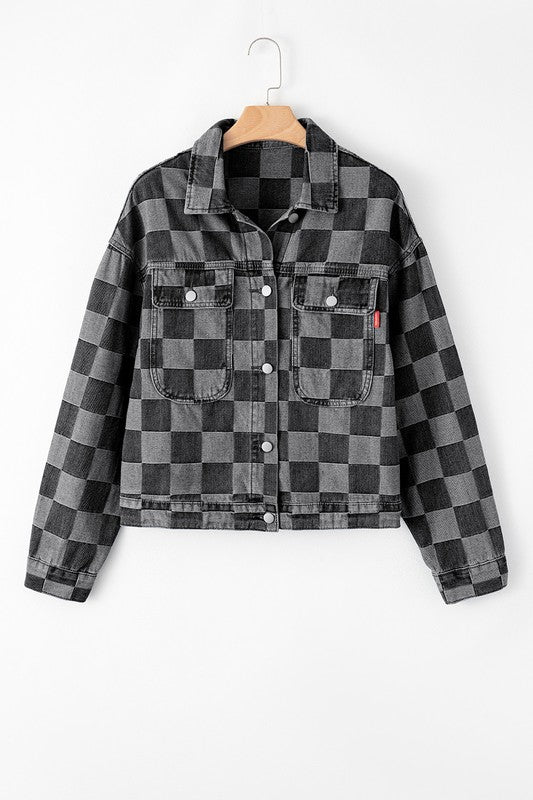 Checkered Patchwork Button Up Denim Jacket (more colors)