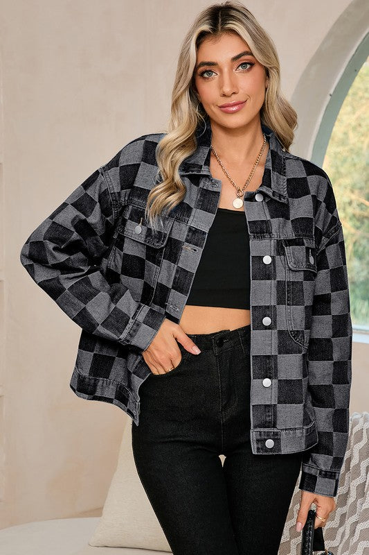 Checkered Patchwork Button Up Denim Jacket (more colors)