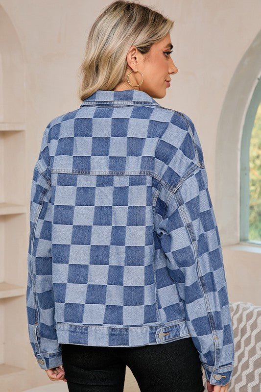 Checkered Patchwork Button Up Denim Jacket (more colors)