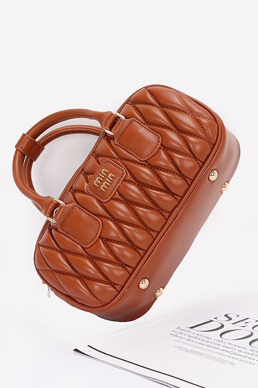 In stock! Faux Leather Quilted Top Handle Swing Bag