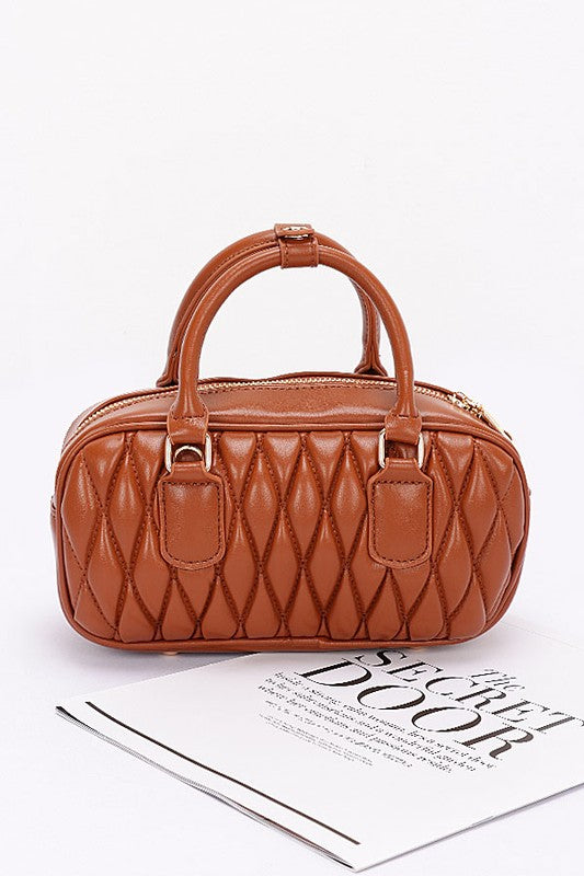 In stock! Faux Leather Quilted Top Handle Swing Bag