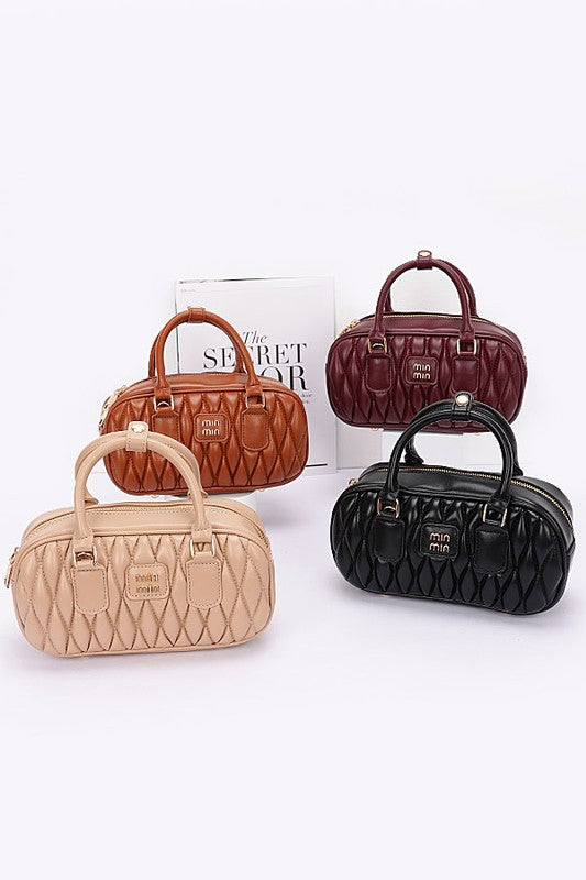 In stock! Faux Leather Quilted Top Handle Swing Bag