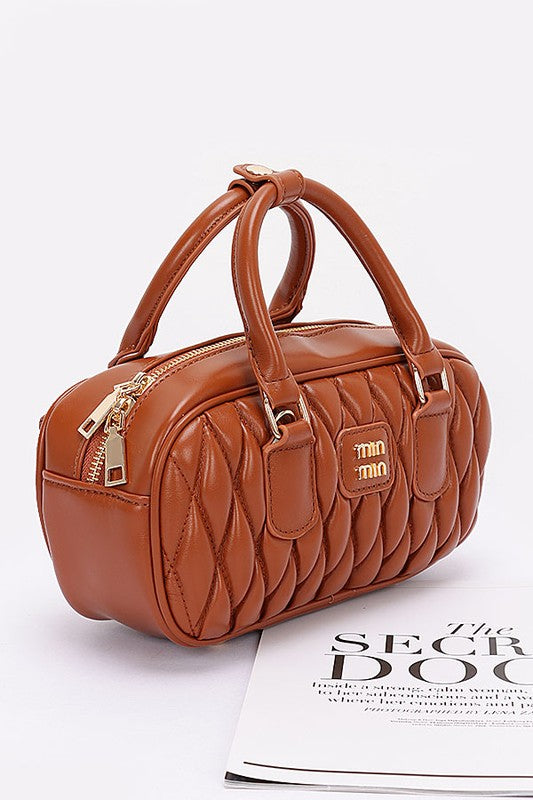 In stock! Faux Leather Quilted Top Handle Swing Bag