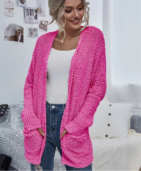 HotPink Knit Open Cardigan With Pockets