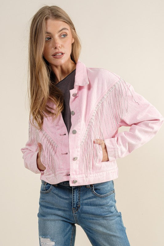 CROP DENIM JACKET WITH RHINESTONE FRINGE (more colors)