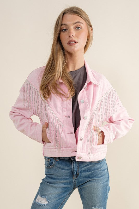 CROP DENIM JACKET WITH RHINESTONE FRINGE (more colors)