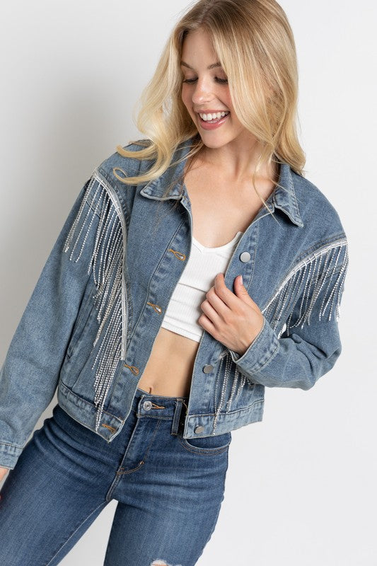 CROP DENIM JACKET WITH RHINESTONE FRINGE (more colors)