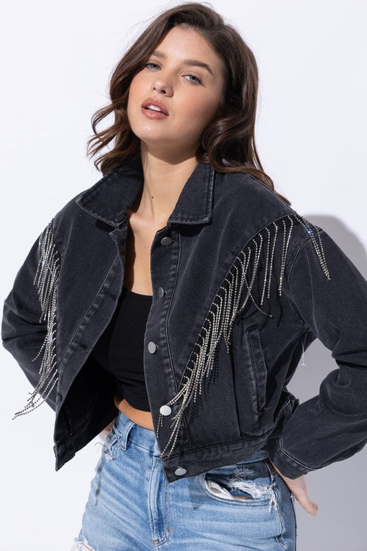 CROP DENIM JACKET WITH RHINESTONE FRINGE (more colors)