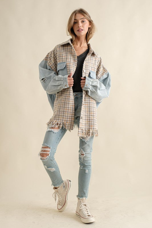 TWEED MIXED DENIM JACKET SHACKET WITH FRINGED HEM