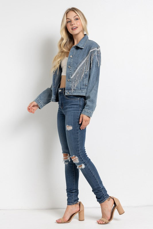 CROP DENIM JACKET WITH RHINESTONE FRINGE (more colors)