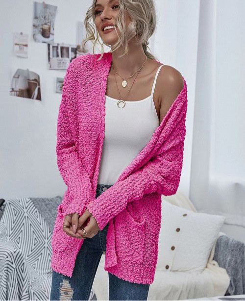 HotPink Knit Open Cardigan With Pockets