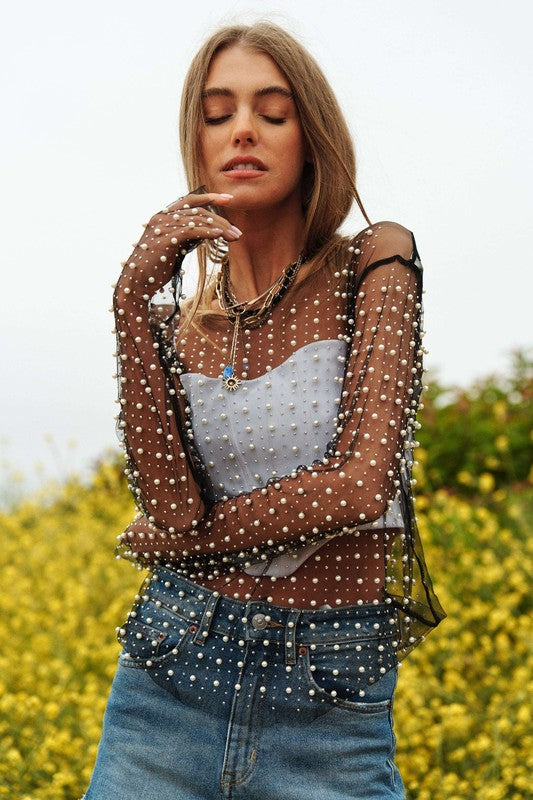 Bead and Pearl Embellished Long Sleeves Mesh Top (2 colors)