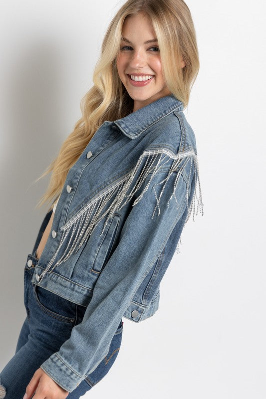 CROP DENIM JACKET WITH RHINESTONE FRINGE (more colors)