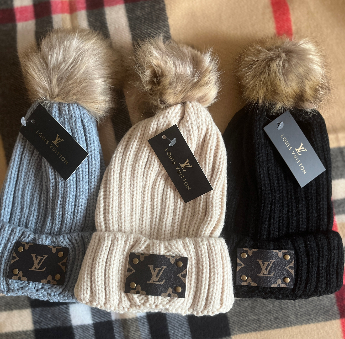 LV Inspired Pom Beanies