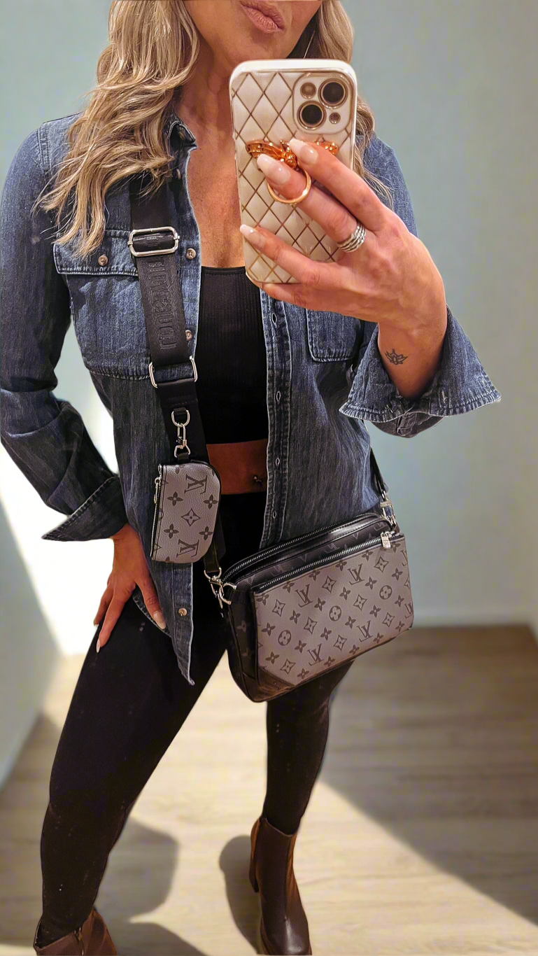 IN STOCK! Black and Grey Monogram Trio Crossbody Bag