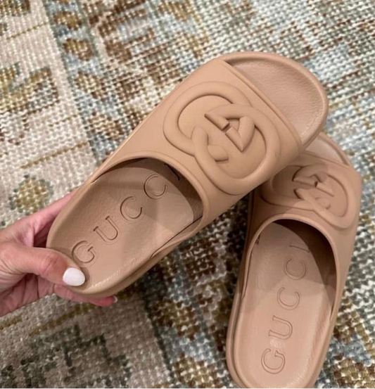 IN Stock! GG Taupe Rubber Slides