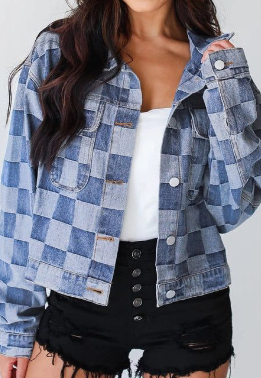 Checkered Patchwork Button Up Denim Jacket (more colors)