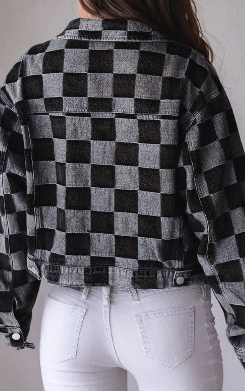 Checkered Patchwork Button Up Denim Jacket (more colors)