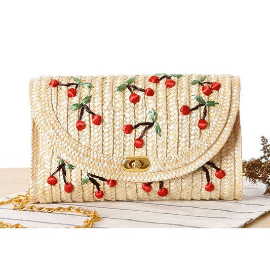 Embroidery Cherry Convertible Raffia Straw Clutch