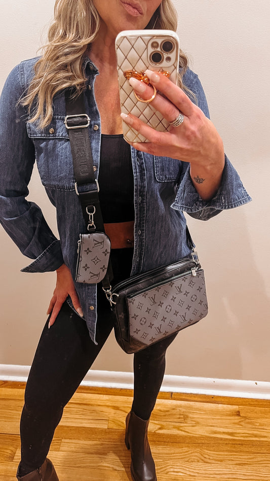 Pre-Order Black and Grey Monogram Trio Crossbody Bag