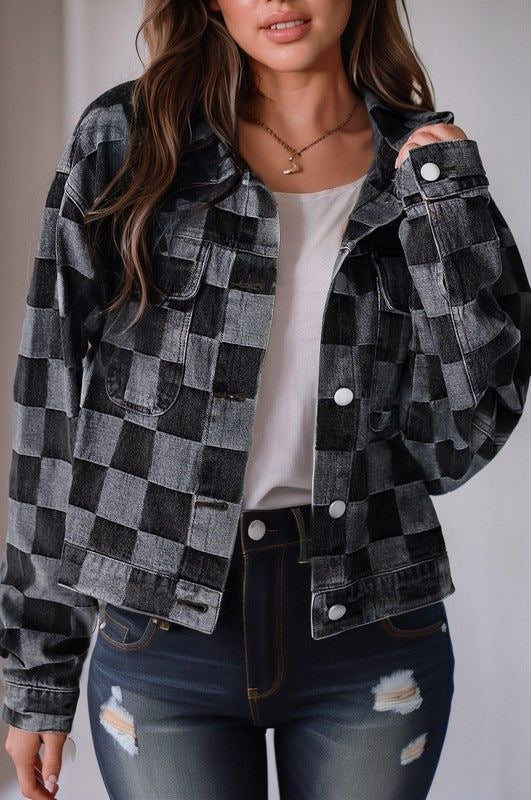 Checkered Patchwork Button Up Denim Jacket (more colors)