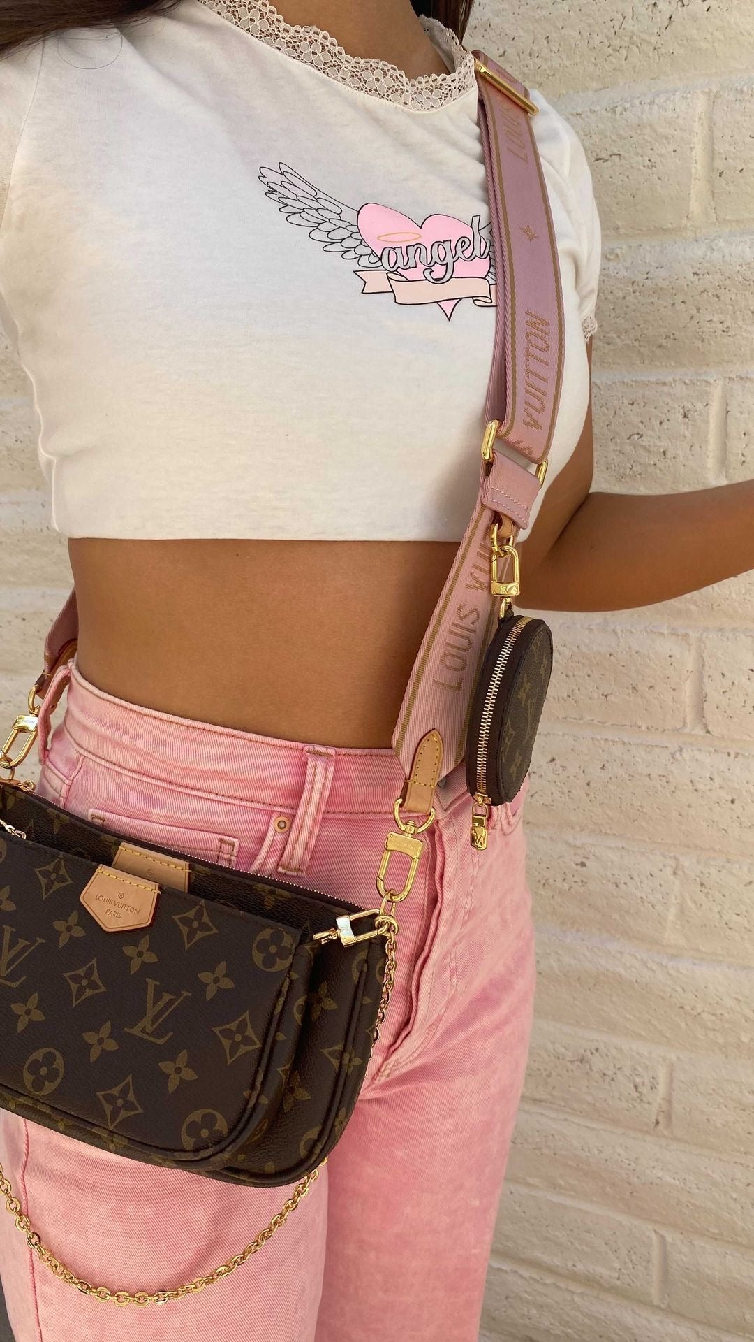 In stock! Pink Strap Double Crossbody Monogram Bag