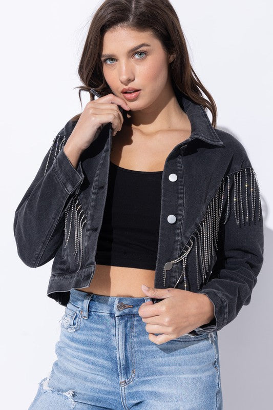 CROP DENIM JACKET WITH RHINESTONE FRINGE (more colors)