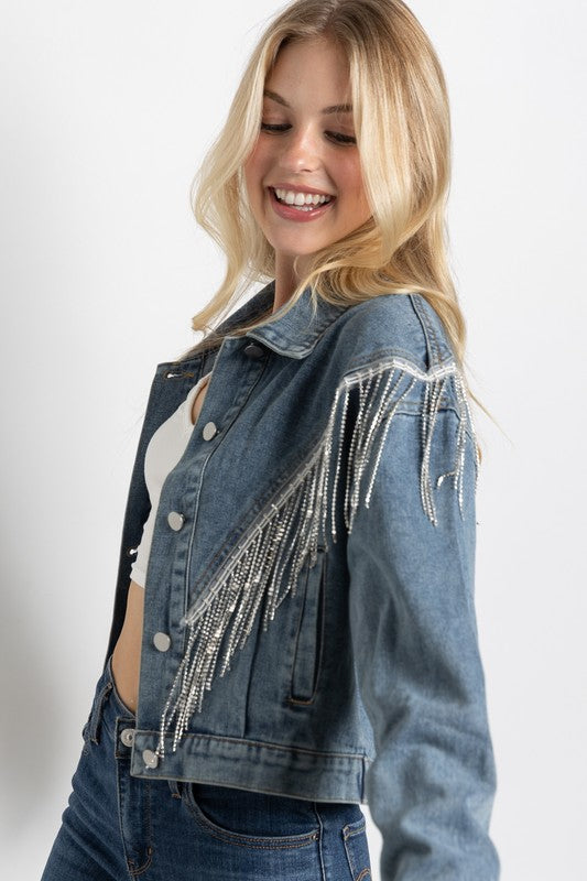 CROP DENIM JACKET WITH RHINESTONE FRINGE (more colors)