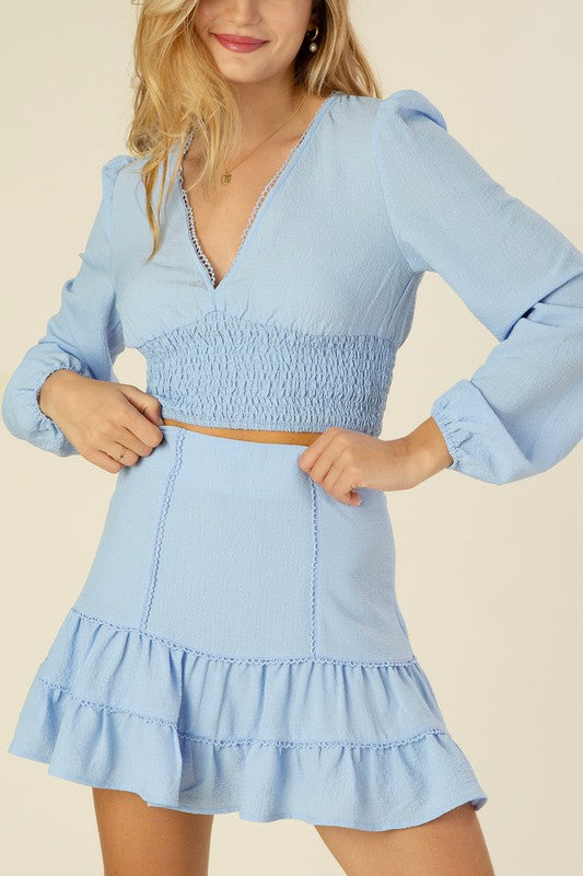 Lace Trimmed Smocked Blouse and Skirt Set