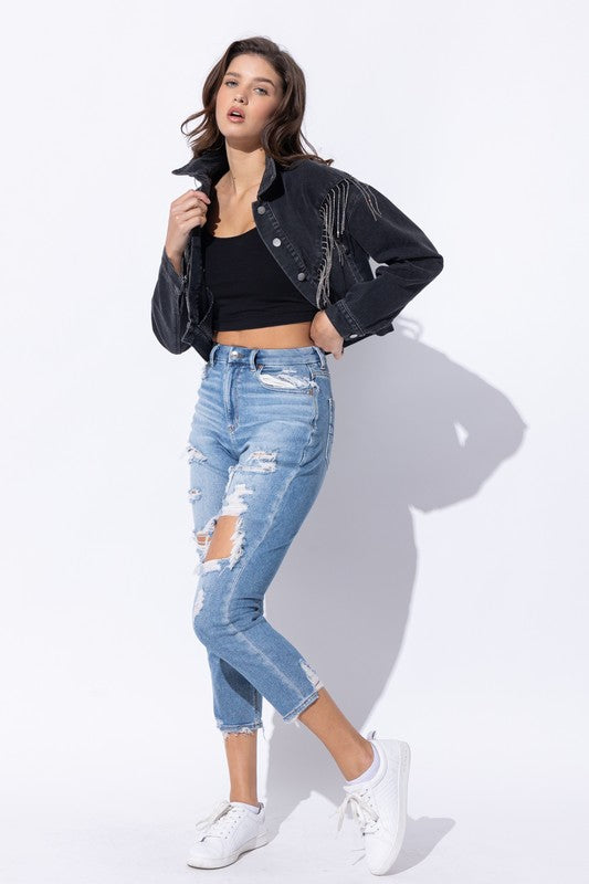 CROP DENIM JACKET WITH RHINESTONE FRINGE (more colors)